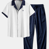 Contrast Palm Tree Embroidery Crinkle Shirt & Crinkle Textured Pants Set