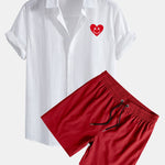 Heart Smiley Face Print Linen Cotton Shirt & Swim Shorts Set