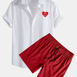 Heart Smiley Face Print Linen Cotton Shirt & Swim Shorts Set