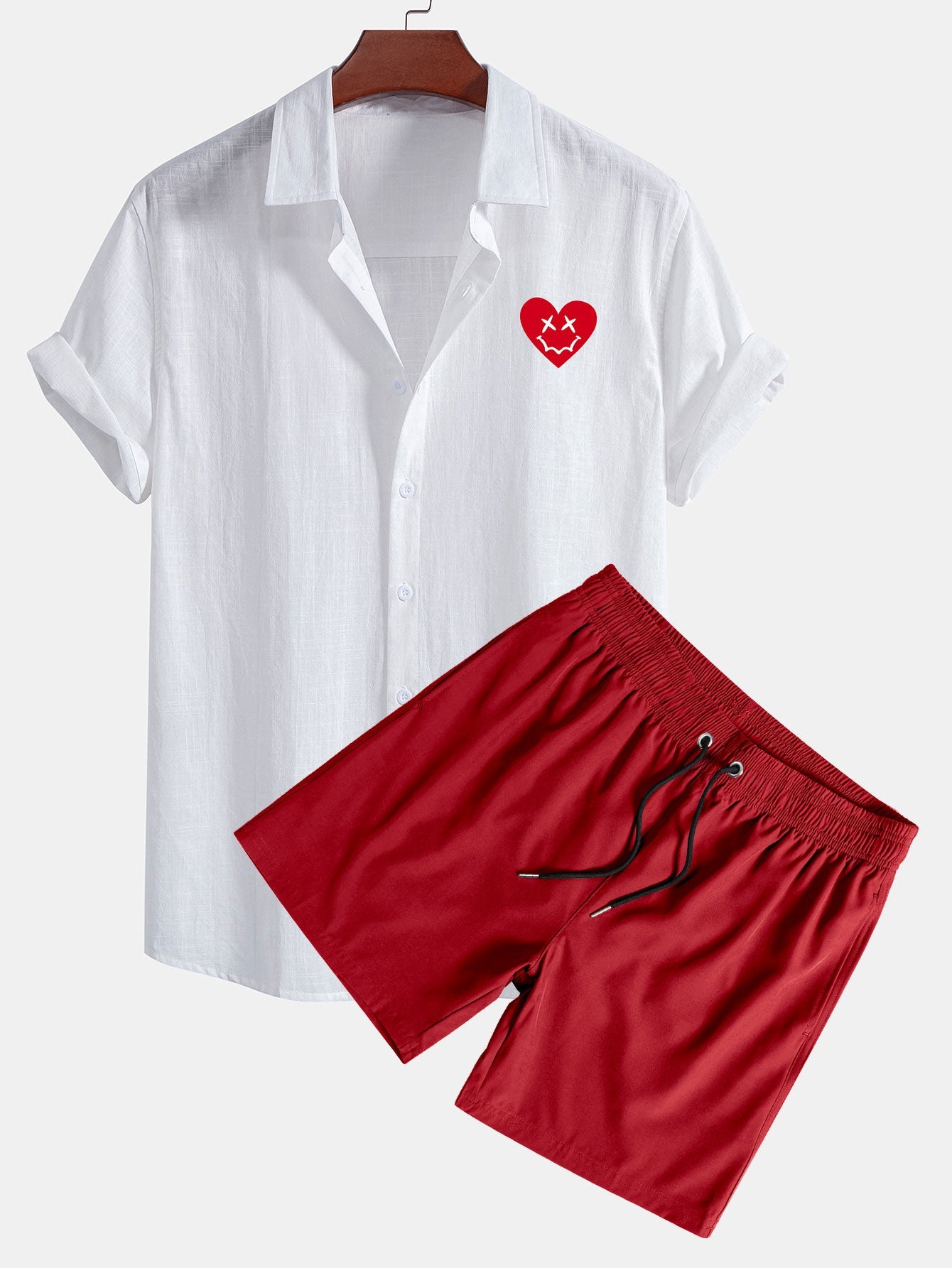 Heart Smiley Face Print Linen Cotton Shirt & Swim Shorts Set