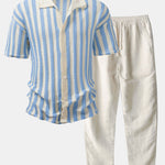 Drop Shoulder Stripe Crochet Shirt & Straight Leg Linen Pants Set