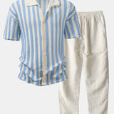 Drop Shoulder Stripe Crochet Shirt & Straight Leg Linen Pants Set