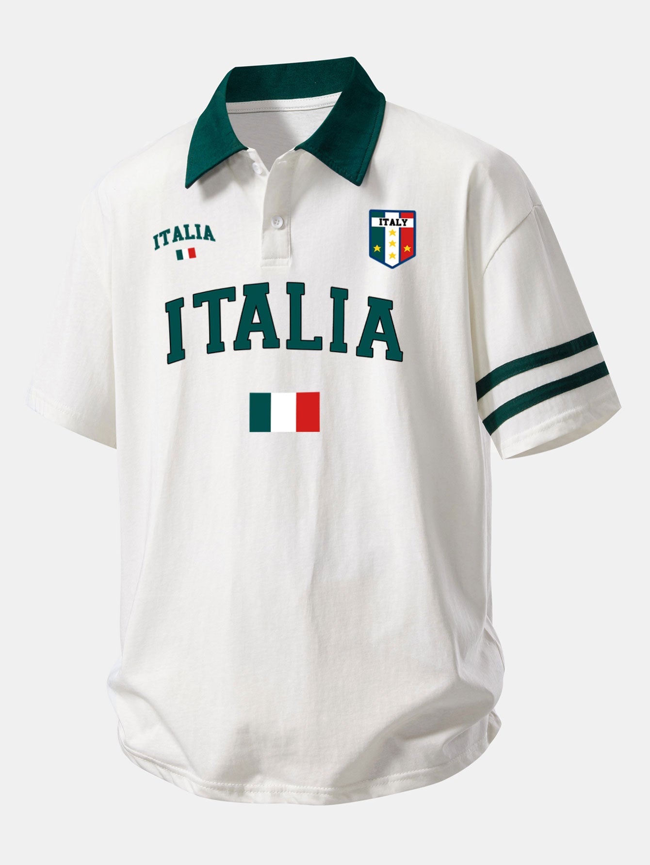 Italia Print Contrast Collar Polo Shirt & Cotton Drawstring 7" Shorts Set