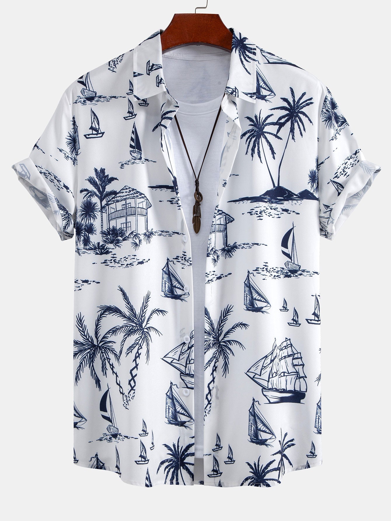 Island Sailing Print Shirt & Striped Print Swim Shorts Set