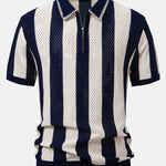 Striped Eyelet Knit Zip Up Polo Shirt & Straight Leg Linen Pants Set