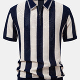 Striped Eyelet Knit Zip Up Polo Shirt & Straight Leg Linen Pants Set