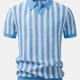 Stripe Johnny Collar Open Knit Polo & Straight Leg Linen Pants Set