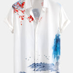 Oriental Ink Painting Shirt & Man Mid Length Drawstring Swim Shorts Set
