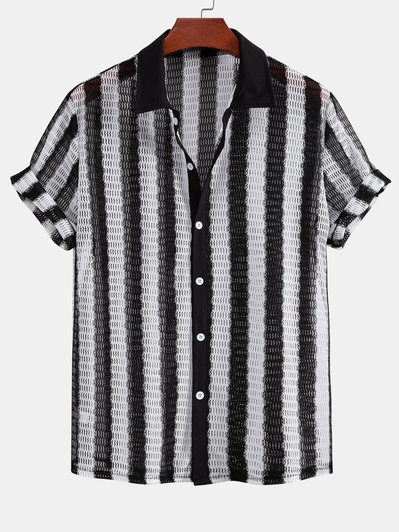 Hollow Out Stripe Textured Button Up Shirt