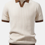Contrast Textured Johnny Collar Knit Polo & Elastic Waist Trousers Set