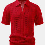 Crochet V Neck Polo Shirt & Crinkle Textured Drawstring 5" Shorts Set
