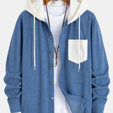 Long Sleeved Waffle Corduroy Contrast Hooded Shirt