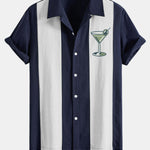 Vintage Martini Cocktail Print Linen Patchwork Bowling Shirt