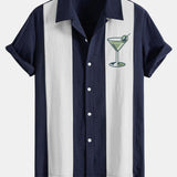 Vintage Martini Cocktail Print Linen Patchwork Bowling Shirt