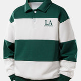 Los Angeles Print Color Block Polo Sweatshirt & Slit Hem Stripe Pants Set