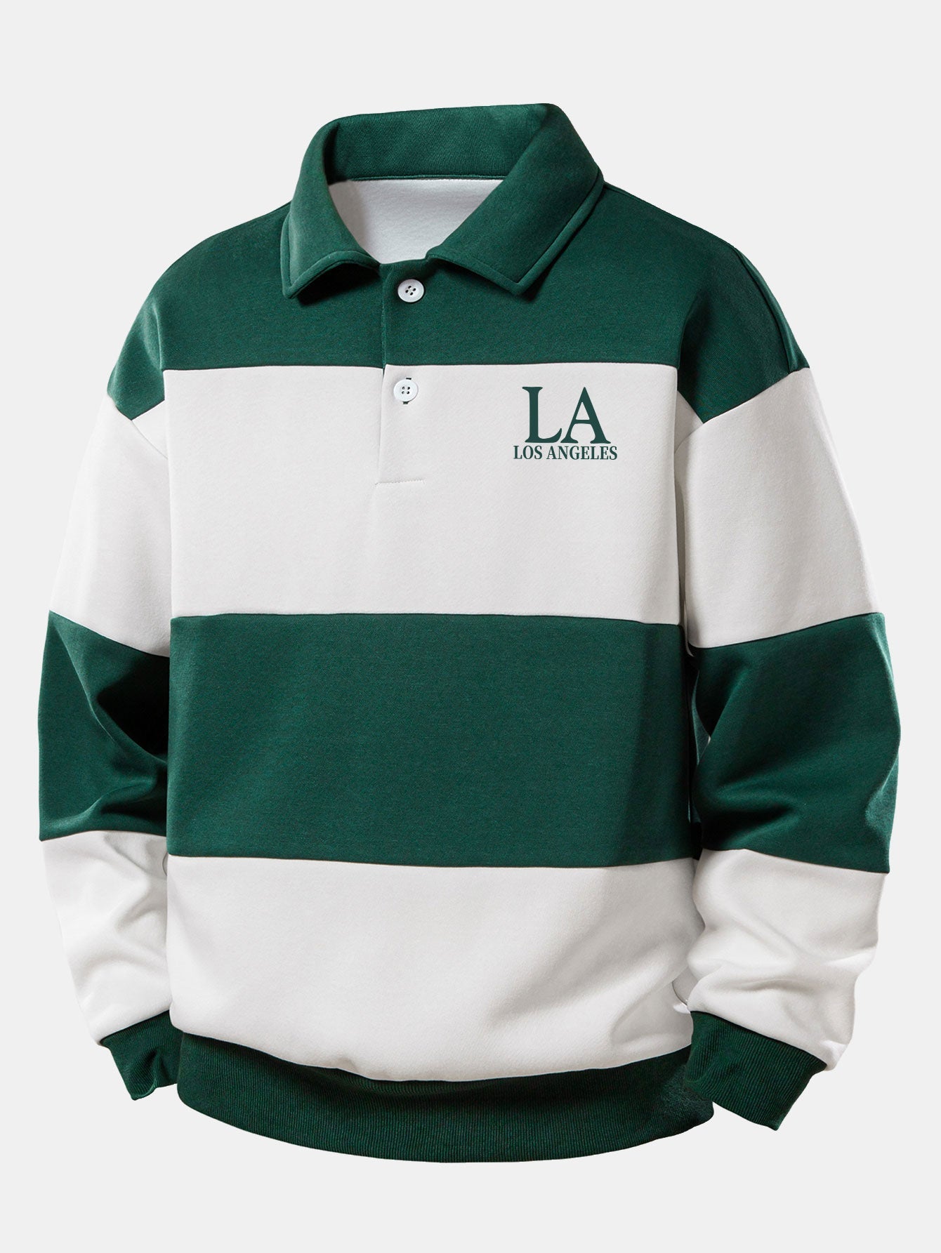 Los Angeles Print Color Block Polo Sweatshirt & Slit Hem Stripe Pants Set