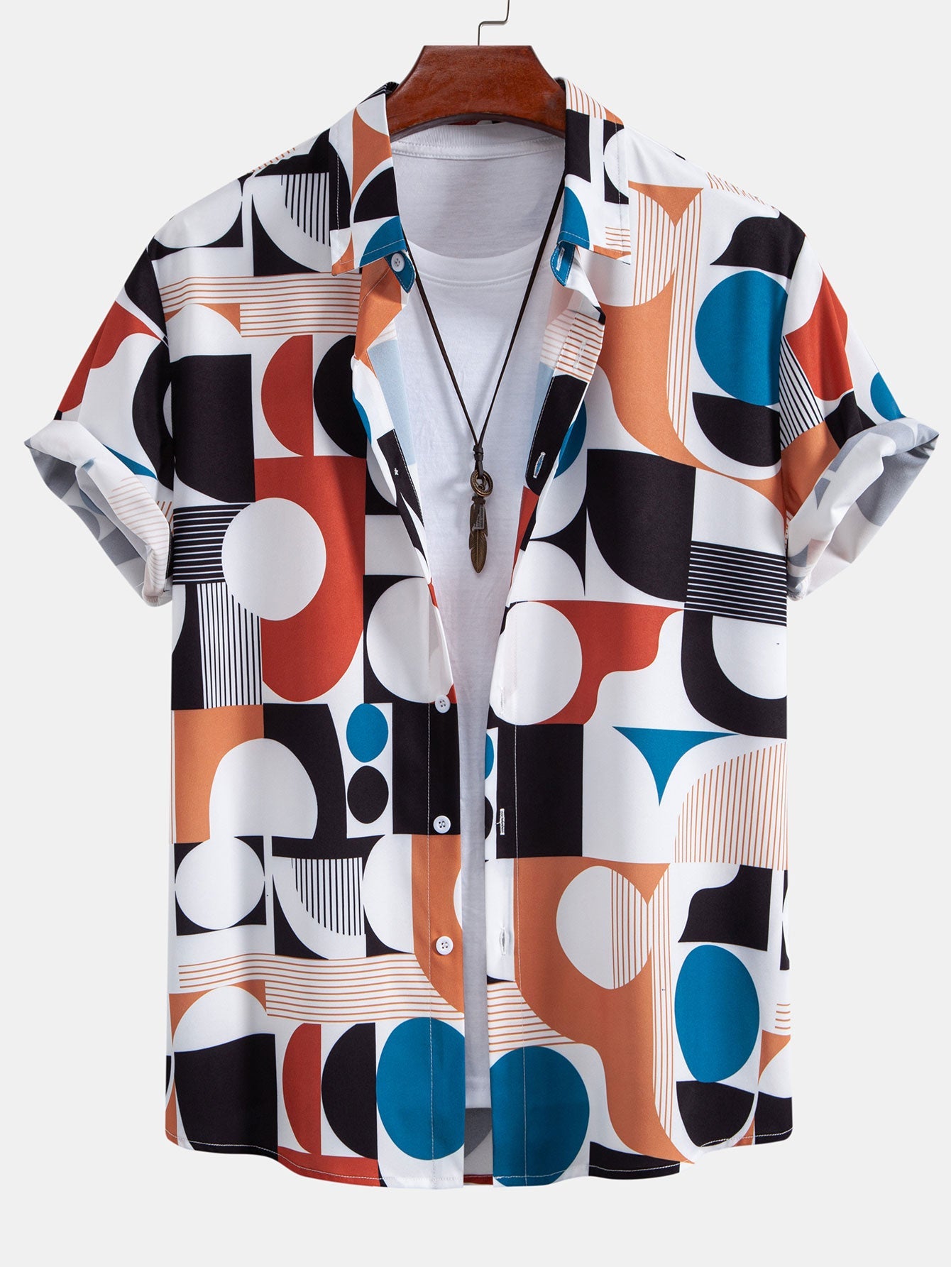 Color Block Geometry Print Button Up Shirt