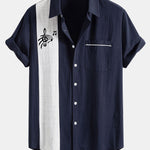 Musical Note Print Linen Contrast Button Up Shirt