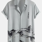 Ink Mountain and River Shirt & Man Mid Length Drawstring Swim Shorts Set