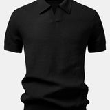 Textured Johnny Collar Crocheted Knit Polo & Crinkle Textured Pants Set
