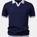Contrast Trim Ribbed Johnny Collar Knit Polo & Tapered Trousers Set