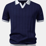 Contrast Trim Ribbed Johnny Collar Knit Polo & Tapered Trousers Set