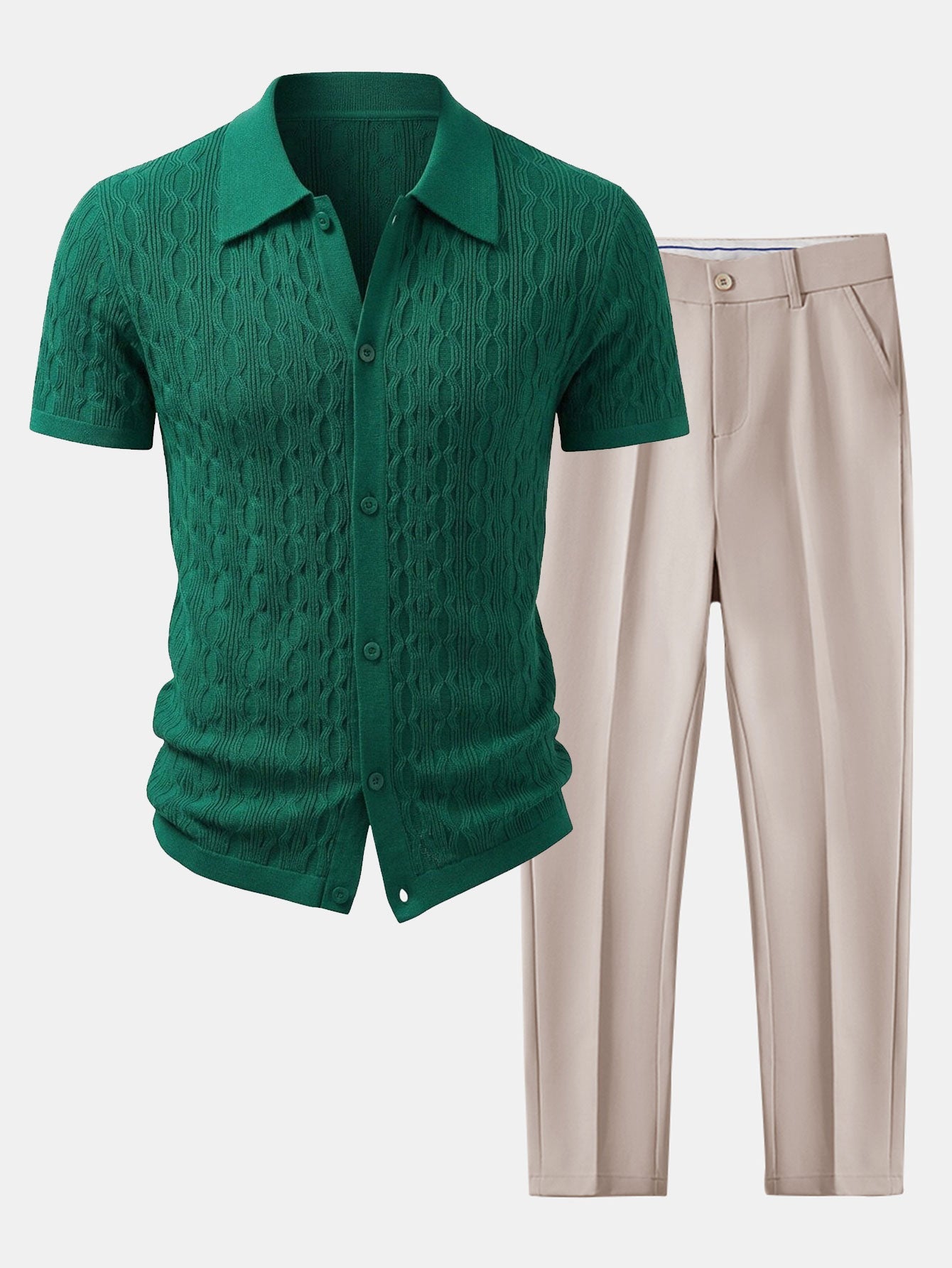 Twisted Jacquard Knit Shirt & Slim Fit Tapered Trousers Set