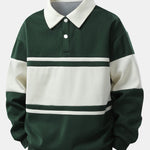 Color Block Patchwork Polo Sweatshirt & Slit Hem Stripe Pants Set