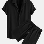Muscle Fit Ribbed Deep Cuban Shirt & Drawstring Ribbed Shorts Set