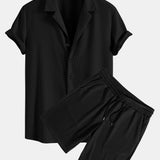 Muscle Fit Ribbed Deep Cuban Shirt & Drawstring Ribbed Shorts Set