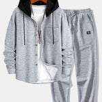 Contrast Waffle Hooded Shirt & Drawstring Waffle Jogger Pants Set