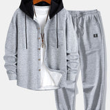 Contrast Waffle Hooded Shirt & Drawstring Waffle Jogger Pants Set