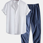 Linen Cotton Stand Collar Shirt & Linen Cotton Blend Pants Set
