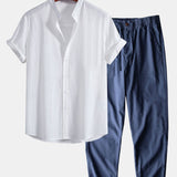 Linen Cotton Stand Collar Shirt & Linen Cotton Blend Pants Set