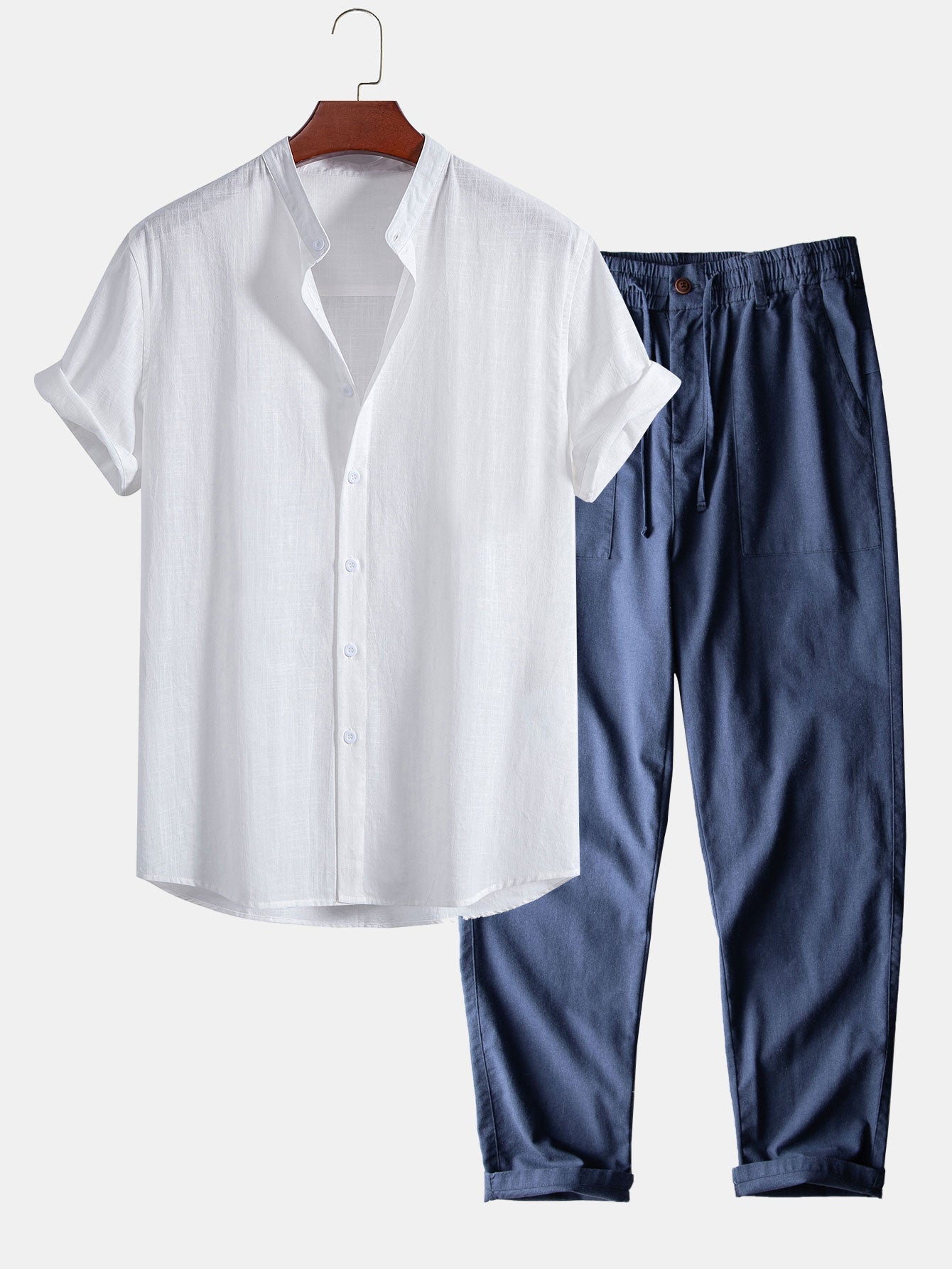 Linen Cotton Stand Collar Shirt & Linen Cotton Blend Pants Set
