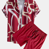 Abstract Print Button Up Shirt & Solid Drawstring Swim Shorts