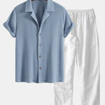 Waffle Textured Cuban Shirt & Straight Leg Linen Pants Set