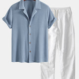 Waffle Textured Cuban Shirt & Straight Leg Linen Pants Set