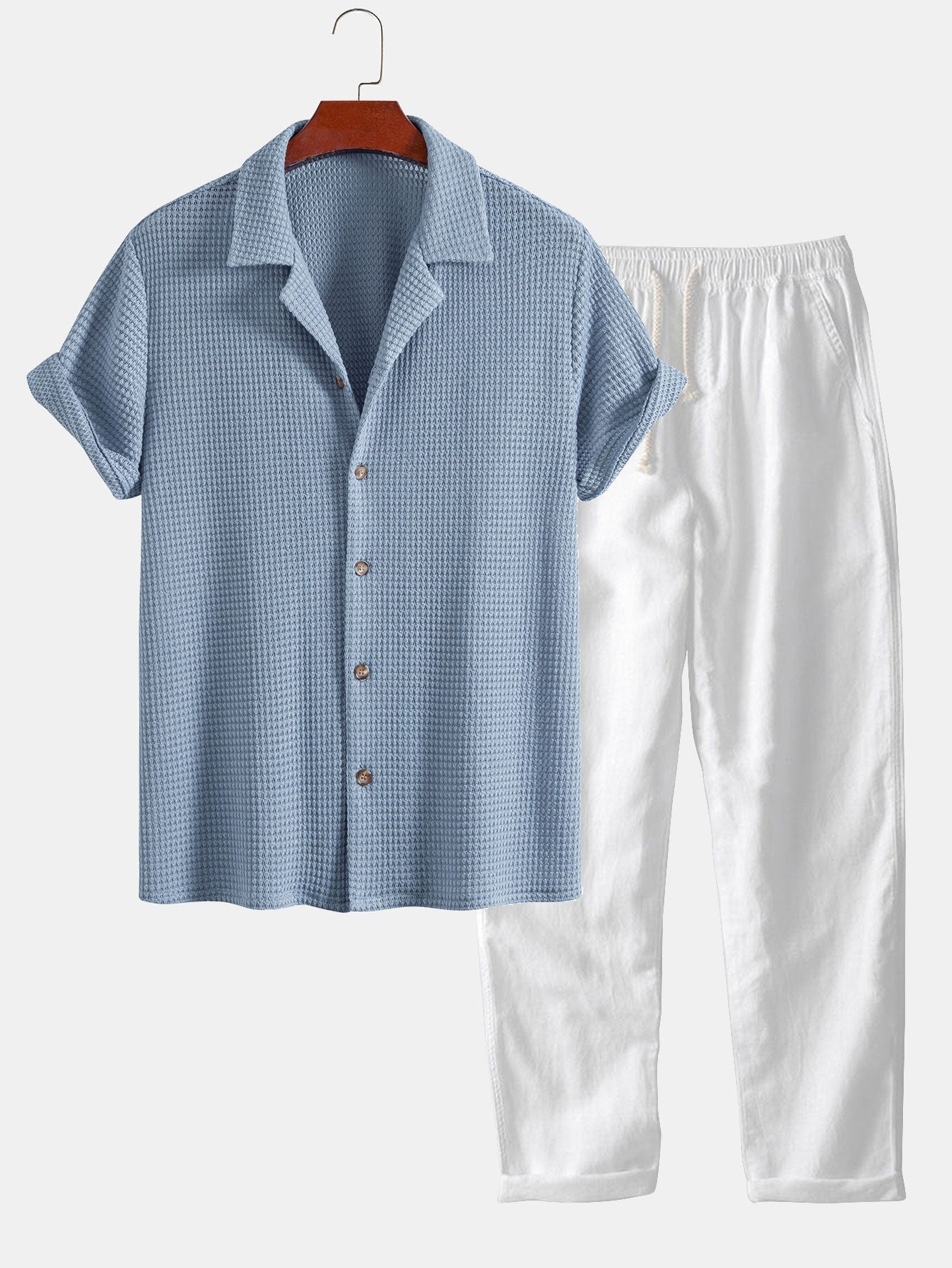 Waffle Textured Cuban Shirt & Straight Leg Linen Pants Set