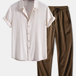 Linen Rayon Blend Shirt & Crinkle Textured Straight Leg Pants Set