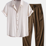 Linen Rayon Blend Shirt & Crinkle Textured Straight Leg Pants Set