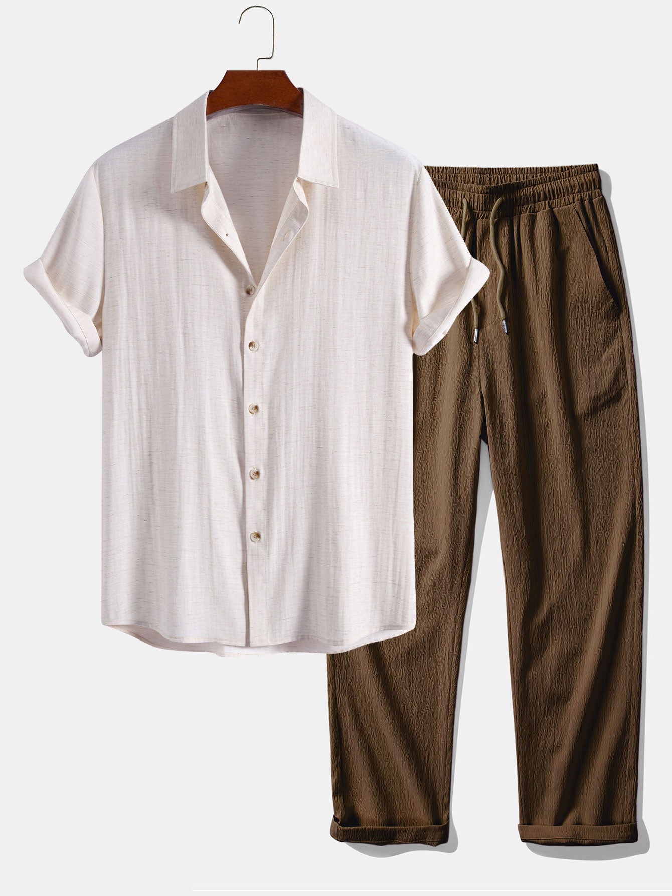 Linen Rayon Blend Shirt & Crinkle Textured Straight Leg Pants Set