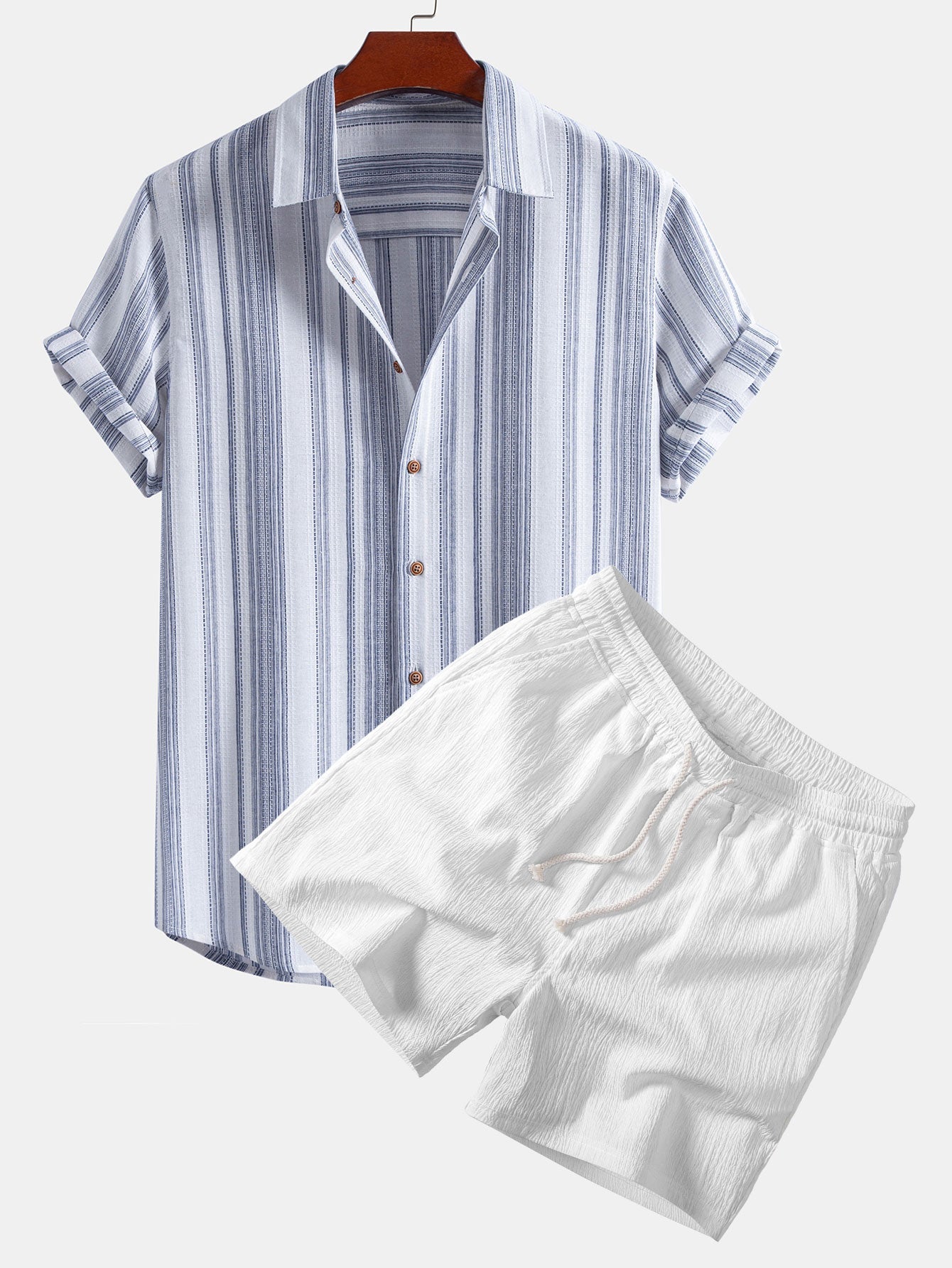 Stripe Linen Shirt & Crinkle Textured Drawstring 5" Shorts Set