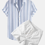 Textured Striped Shirt & Crinkle Textured Drawstring 5" Shorts Set
