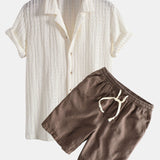 Texture Jacquard Cuban Shirt & Linen Cotton Blend Drawstring Shorts Set