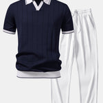 Contrast Trim Ribbed Johnny Collar Knit Polo & Ribbed Pants Set