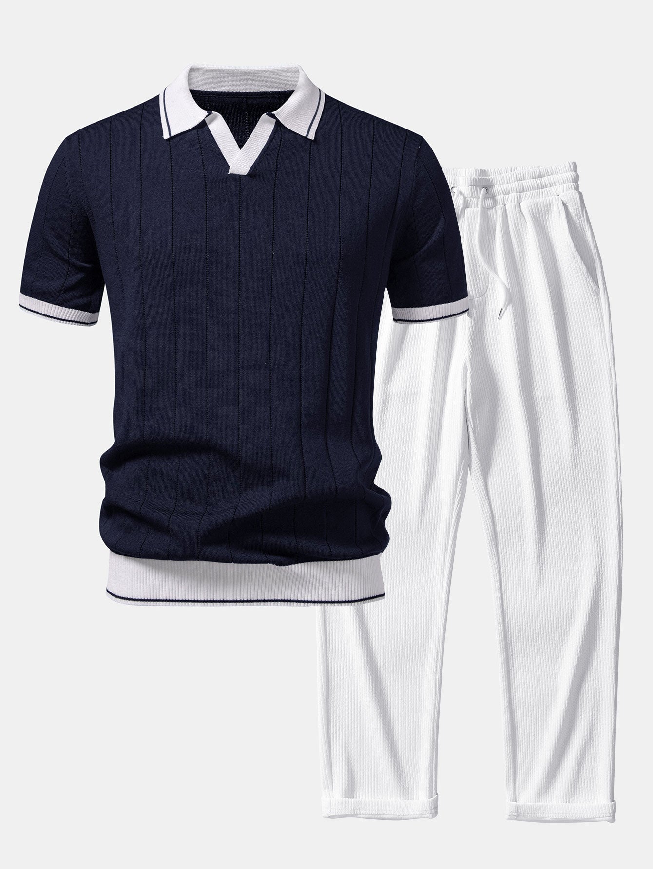 Contrast Trim Ribbed Johnny Collar Knit Polo & Ribbed Pants Set