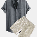 Short Sleeve Stand Collar Shirt & Linen Drawstring Shorts Set
