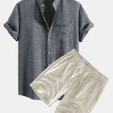 Short Sleeve Stand Collar Shirt & Linen Drawstring Shorts Set