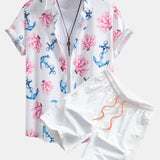 Coral Anchor Print Shirt & Swim Shorts Set